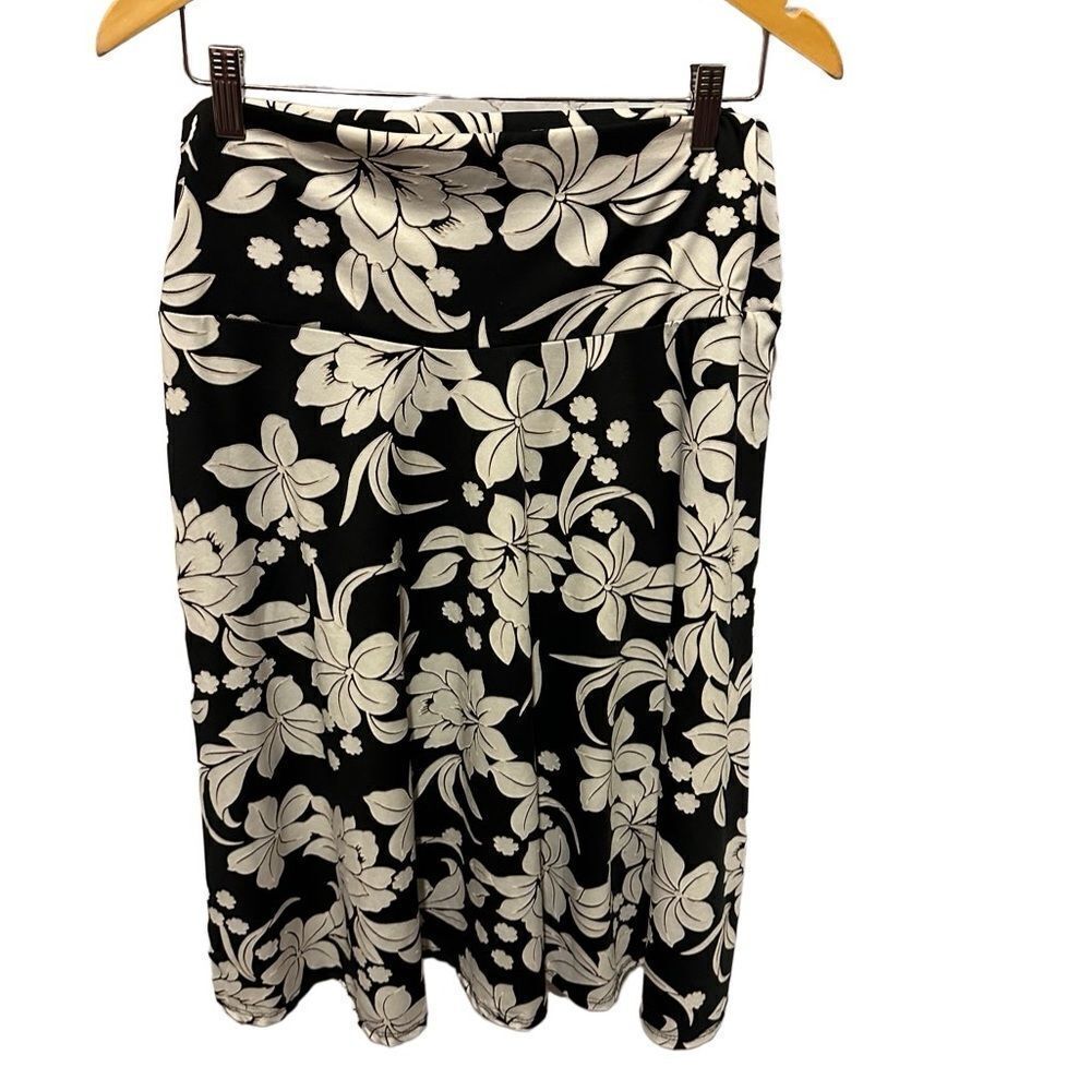 ☀️Ashley Blue Black Floral A-Line Midi Skirt Women’s Size XL Stretch Waist
